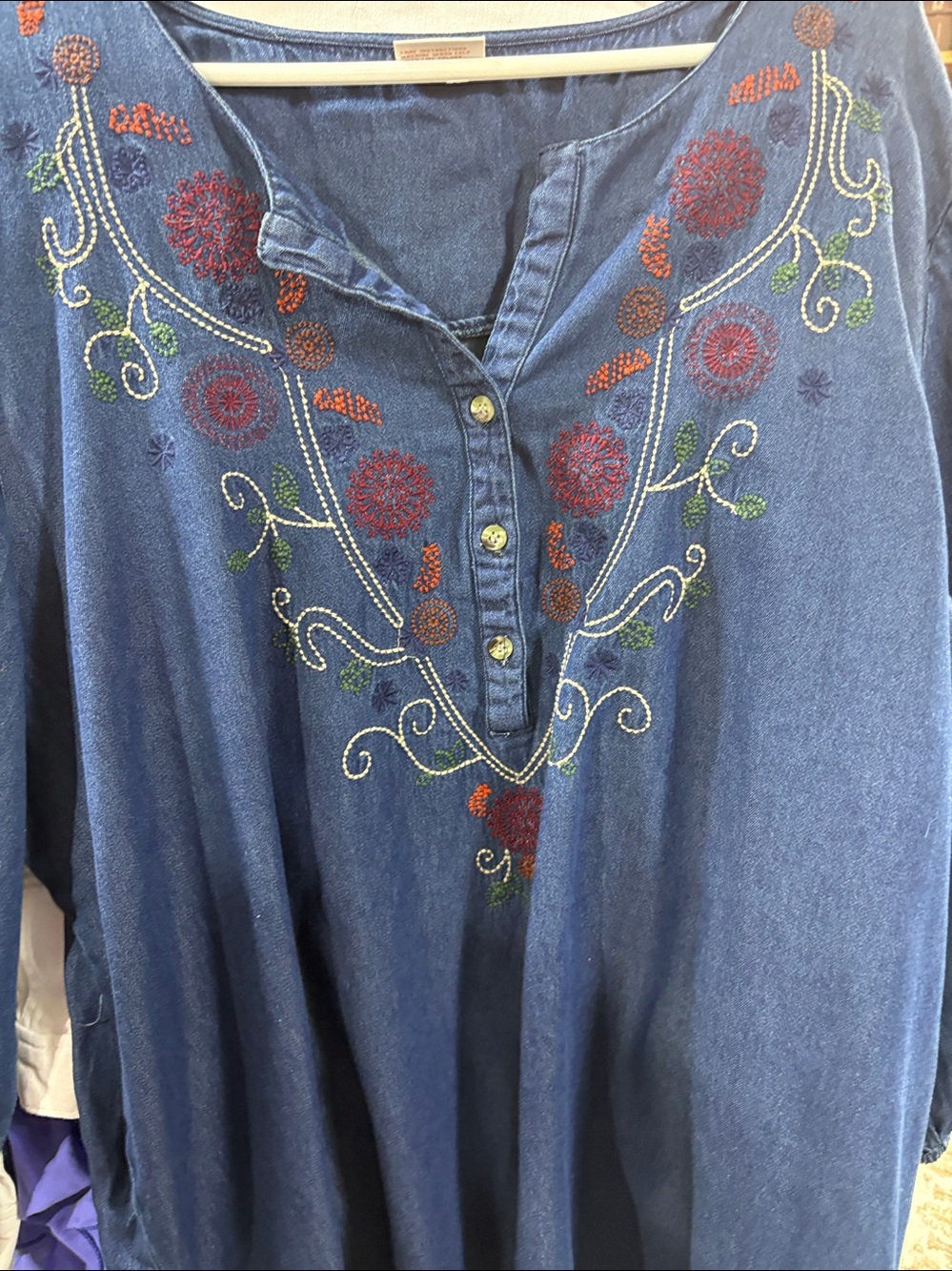 Women's Blue Embroidered Denim Tunic - Floral Detail